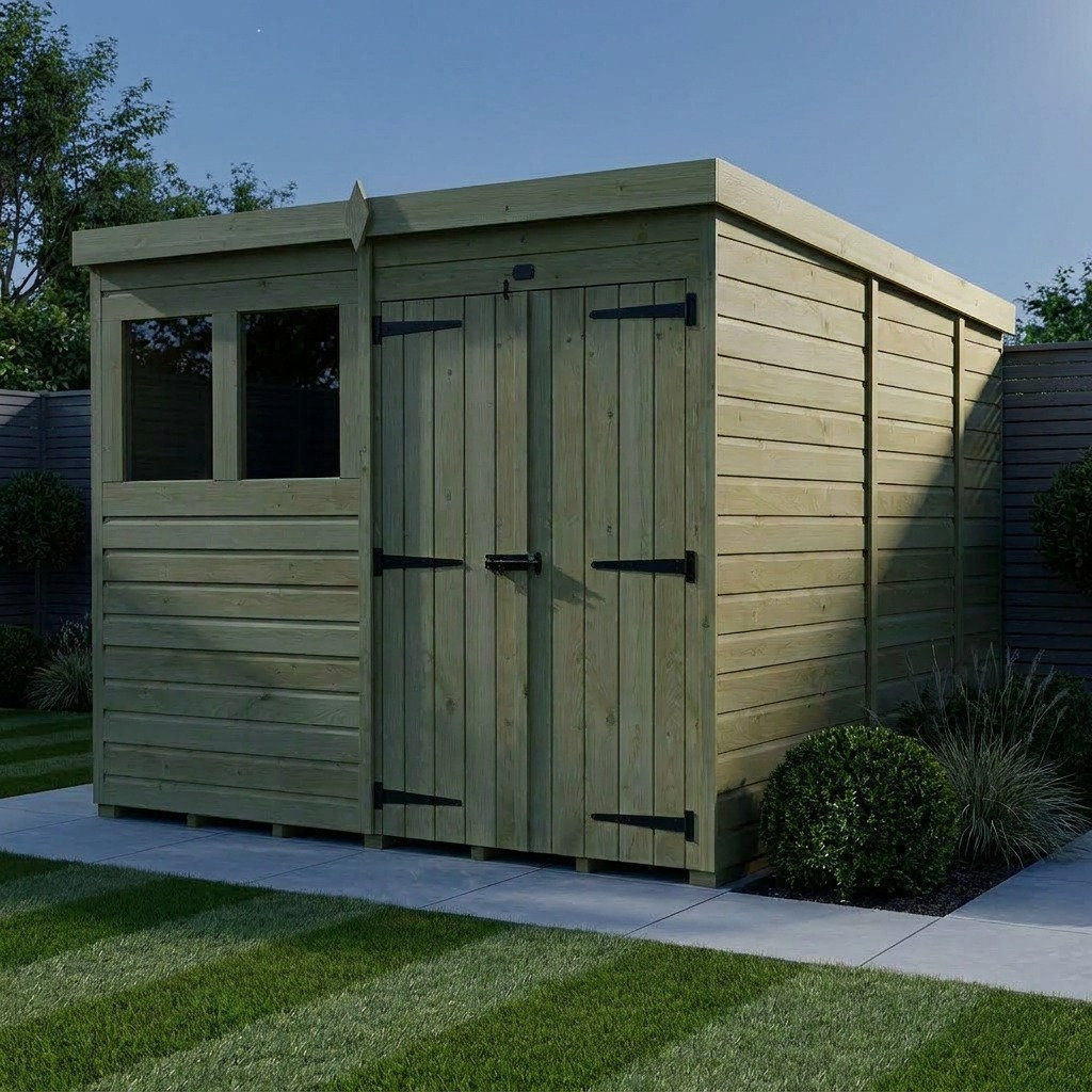 Total Sheds 8ft x 9ft Pent Garden Shed - Double Door - With Windows - Pressure Treated Timber - UK Manufactured
