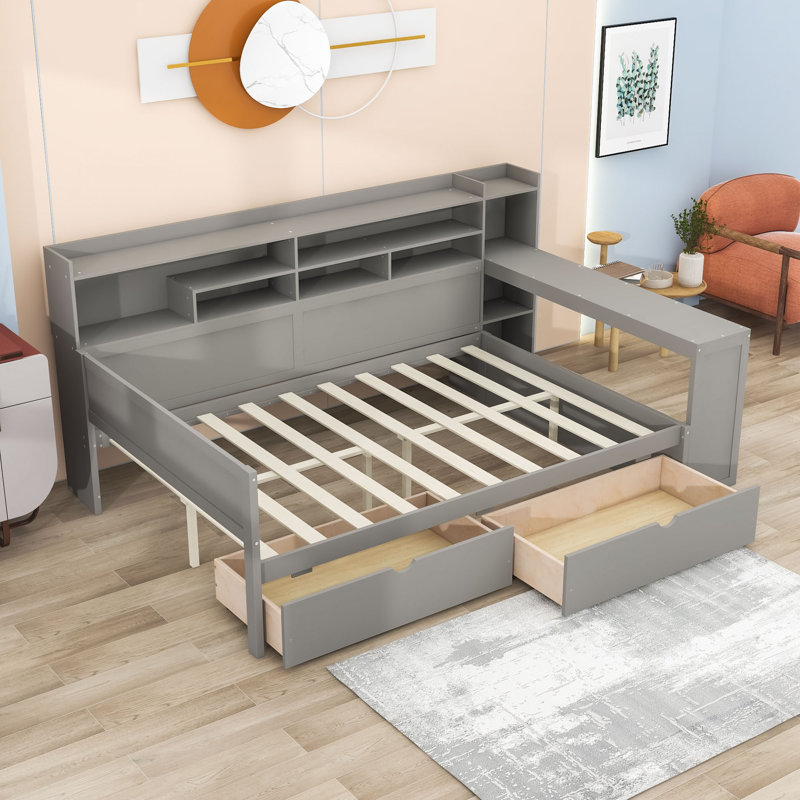 Multifunctional Wooden Daybed with Built-in Desk, Side Storage Shelves and Drawers, Full, Grey