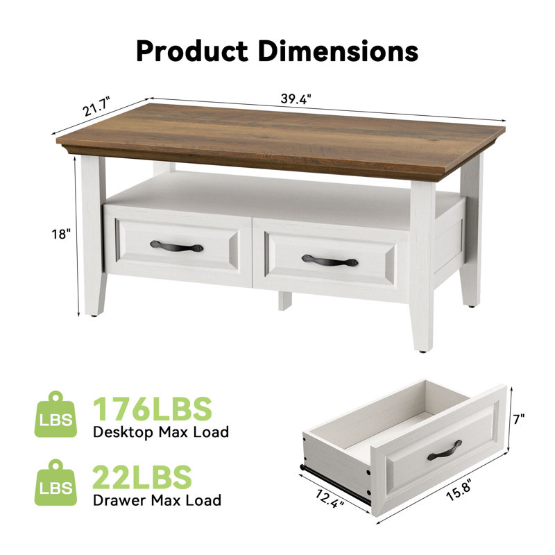 Table basse Farmhouse avec 2 tiroirs et tablette ouverte, Brun / Blanc
