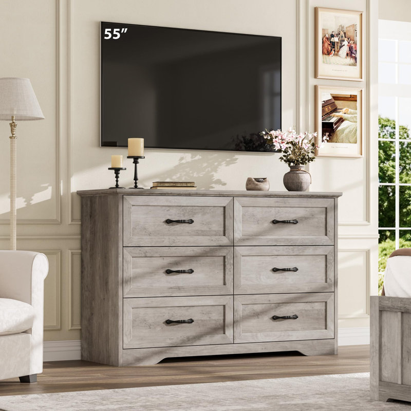 6 Drawer Dresser for Bedroom, Farmhouse Modern Wooden Tall Chest of Drawers with Wide Metal Handle, Grey