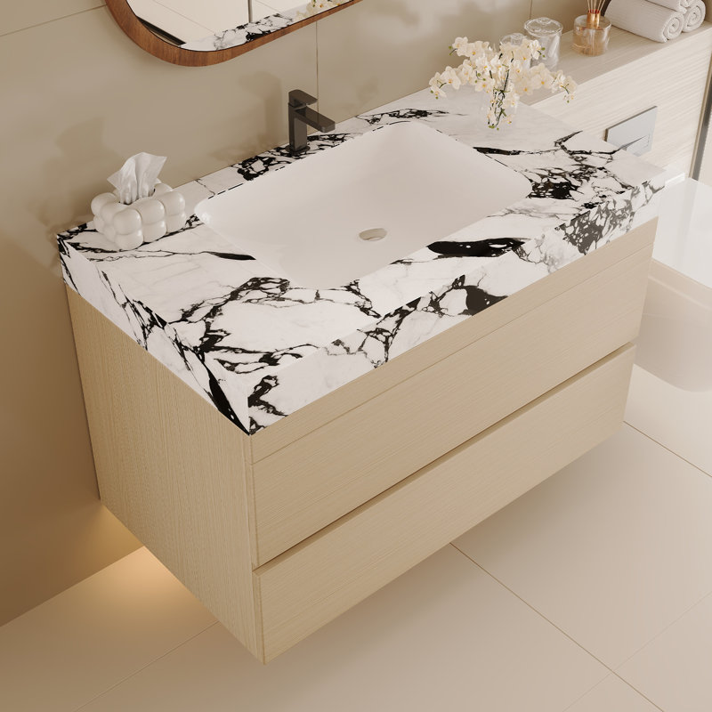 Meuble-lavabo mural 29,9 po, plateau en faux marbre, lavabo sous-comptoir en céramique pour studios