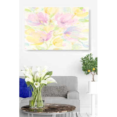 Printemps, fleurs pastel, jaune, rose, vert, bleu, aérien, joyeux, floral, sur blanc, reproduction de peinture