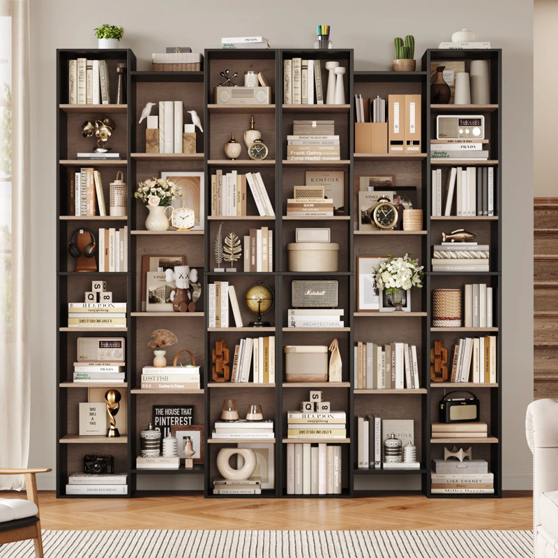 📖✨ 2-Pack 8-Tier Bookcase Set, 21-Cube Storage Bookshelves Unit With Adjustable & Removable Shelves, Black/Walnut