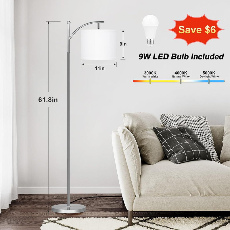 61.8'' LED Arched Floor Lamp, Silver, White