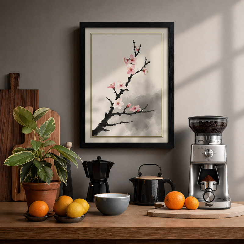Moonlit Cherry Blossom Japandi - Framed Print, A1 - 84.1 x 59.4 cm, Black