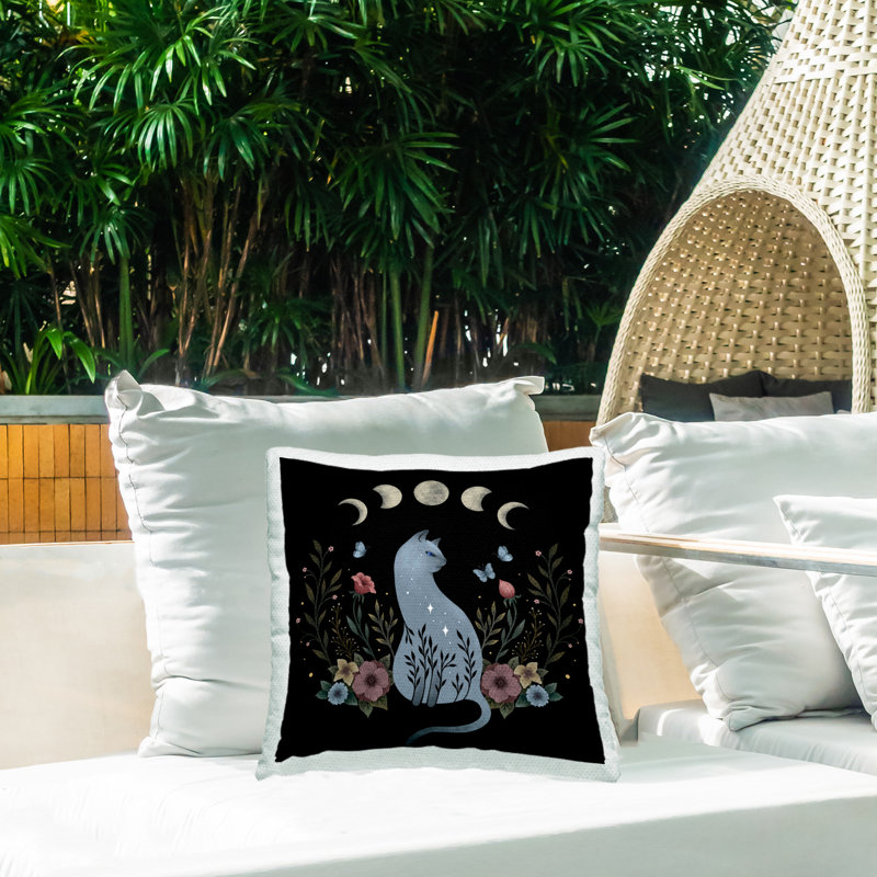 Coussin d'extérieur imprimé Botanical Cat & Moon par Episodic Dessins