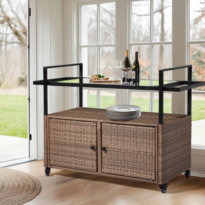 Black Rattan Bar Table With Wheels by Bay Isle Home