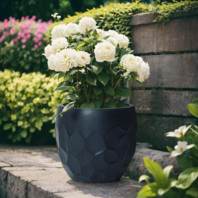 Jarmal 14.6'' D Round Geometric Black Planter, Indoor Outdoor Plant Pot with Drainage Hole, Black