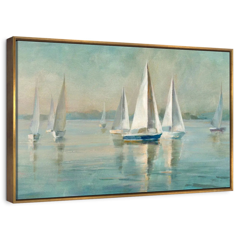 Voiliers au lever du soleil, 25 po x 17 po, Cadre flottant doré