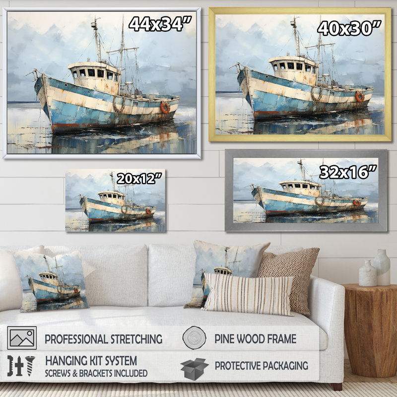 Bateau de pêche bleu et blanc - bateau côtier, art mural, H 30 po x l 40 po x P 1,5 po, Cadre flottant blanc