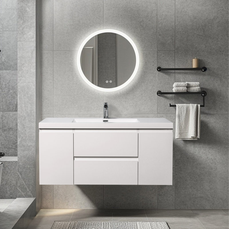 Meuble-lavabo flottant mural 48 po blanc brillant avec comptoir simple à surface solide, Blanc