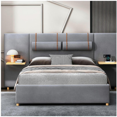 Pillow Top Platform Bed with two sockets and USB charging ports on both sides, two head pillows, storage shelf, velvet
