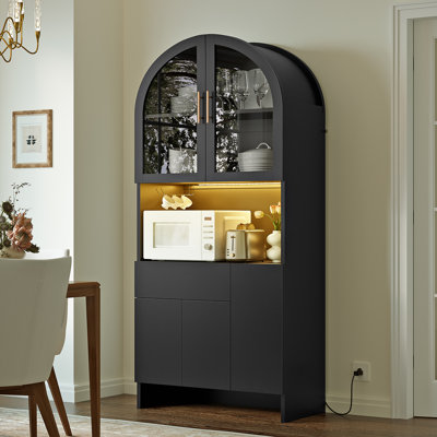 Arched Pantry Cabinet With Power Outlet & Led Light,71" Extra-wide Large Kitchen Storage Cabinet With Glass Doors, Freestanding Food Pantry Organizer by Gracie Oaks