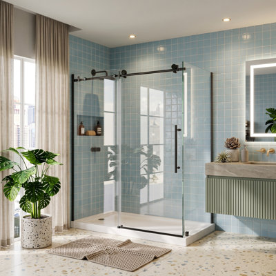 Cabine de douche coulissante en coin sans cadre, 142-152 cm (L) x 81 cm (P) x 183 cm (H), verre trempé de 8 mm, noir mat