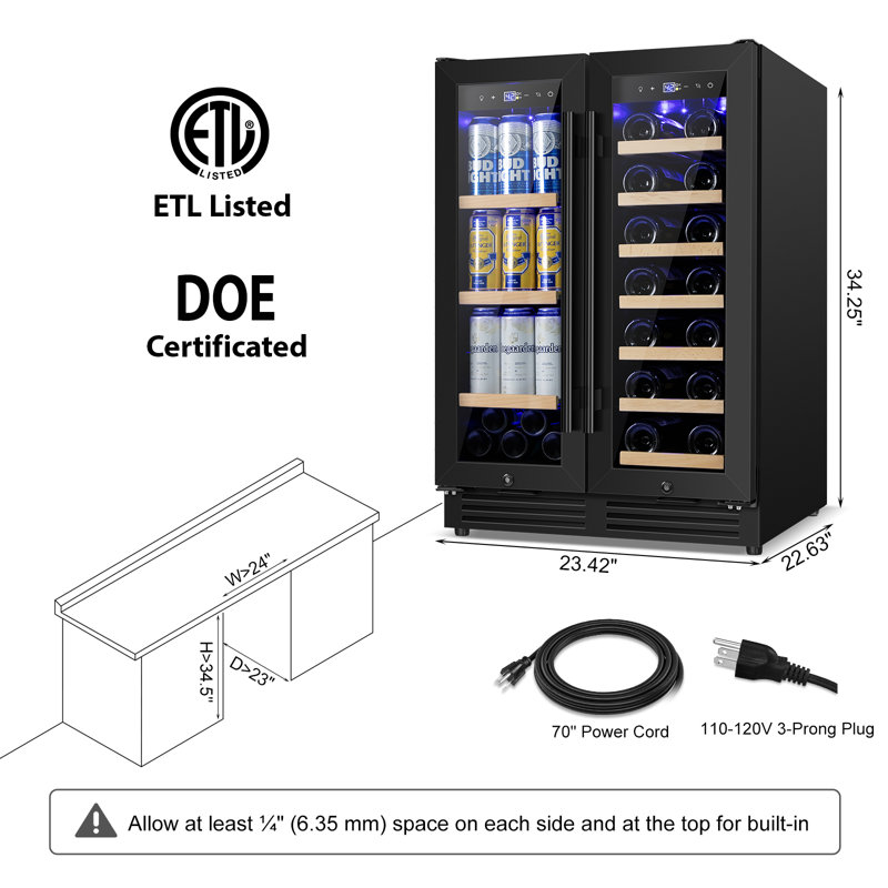 Réfrigérateur 24 pouces à deux zones avec 20 bouteilles pour 60 bouteilles de vin et boissons avec porte en verre encastrée / autoportante classique avec 4 poignées de porte, DEL bleue et tablettes réglables
