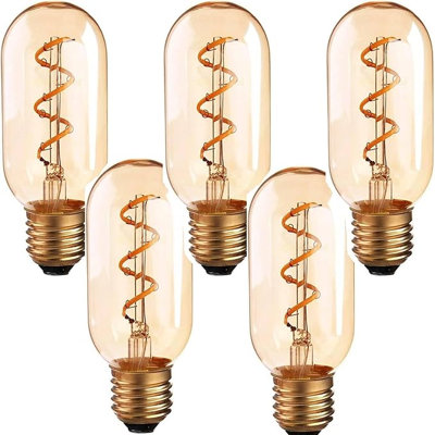 5 Pack T45 Tubular LED Edison Bulb 4W E26 Screw Base, Amber Glass 2700K Warm White Spiral Filament Light for Pendant Lamps, Chandeliers, and Vintage Décor
