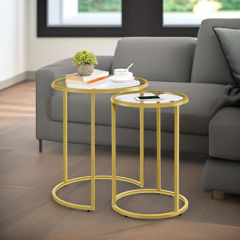 Nest of Gold Glass Round Side Tables, End Table Set, Glass Nesting Tables , Living Room Furniture
