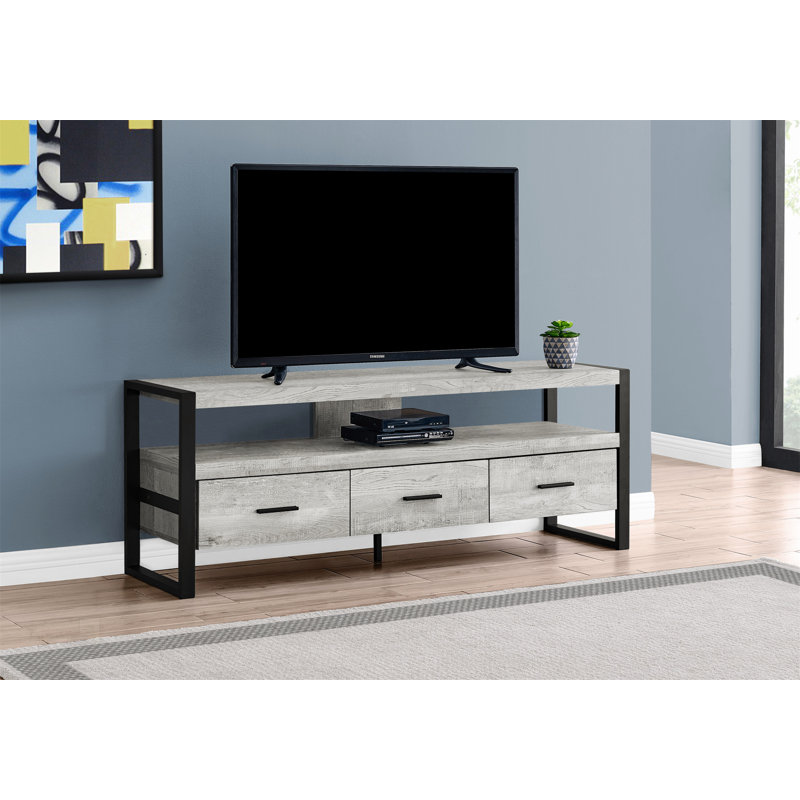 Stylish TV Stand with Storage Drawers for Media Entertainment in Living Room or Bedroom, Rustic Grey Finish and Black Metal Frame