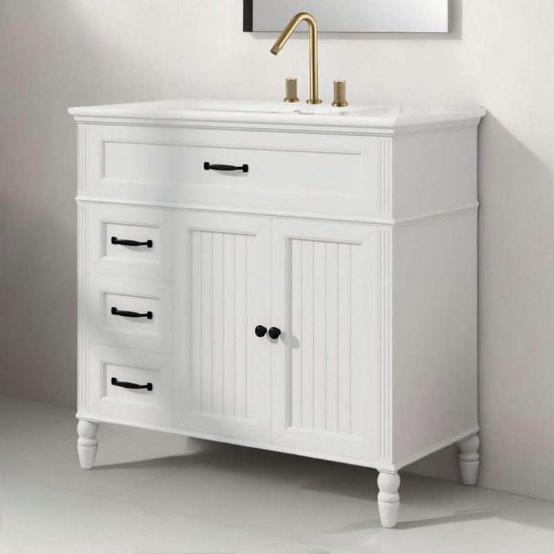 Meuble-lavabo 36 po avec plateau en céramique et panneau en bois aggloméré, Noir, noir, noir, noir, Blanc