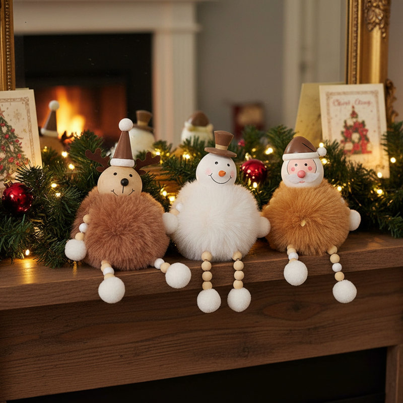 Ensemble de 3 figurines à pompons avec pattes, père Noël, bonhomme de neige et renne