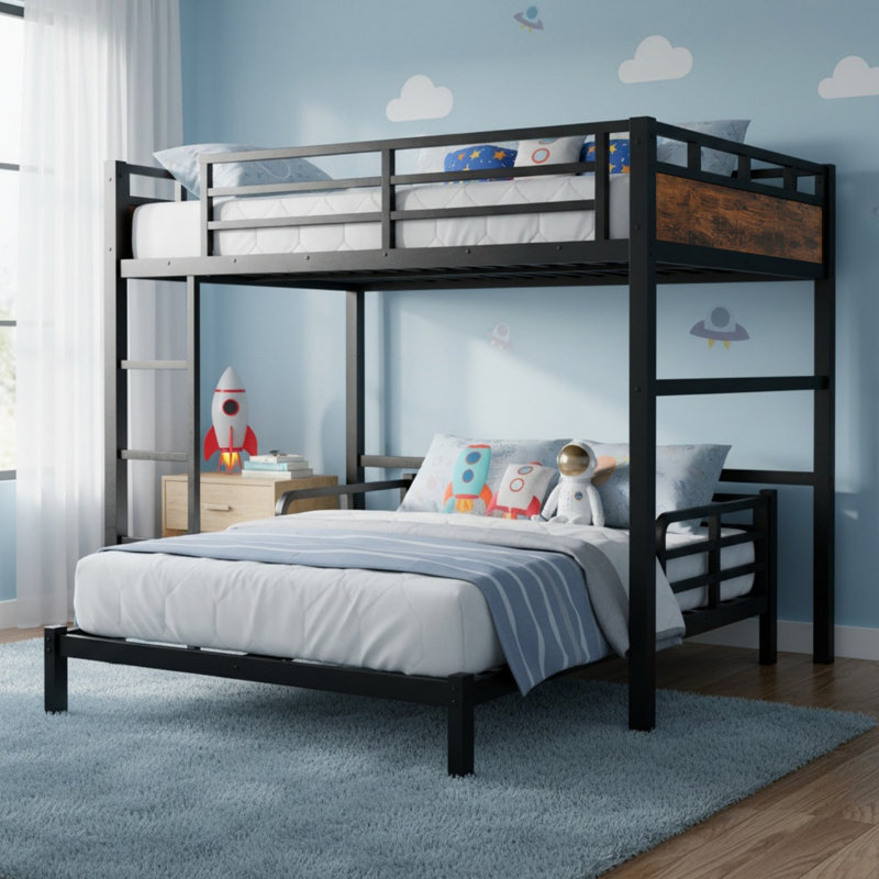 Full Over Full Metal Bunk Bed, Metal Loft Bed and Metal Platform Beds for Bedroom, Full Over Full, Black& Rustic Brown