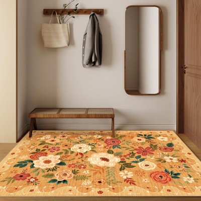 Tapis 3 x 5, tapis floraux pour le salon, tapis lavable léger antidérapant, tapis d'intérieur à poils courts et antidérapants Boho pour chambre à coucher, salon, salle à manger, orange