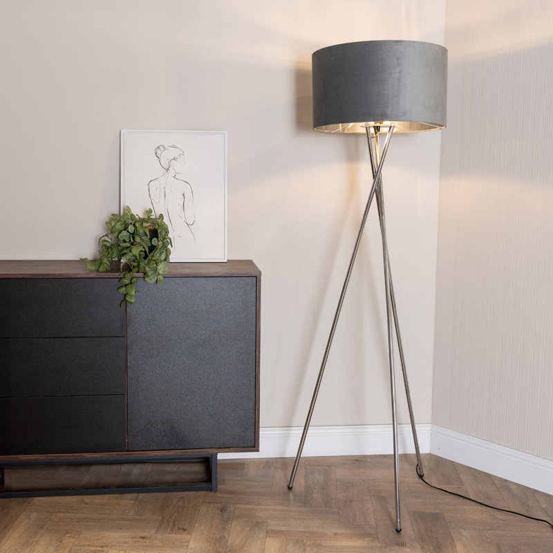 Misner 155cm Camden Tripod Floor Lamp with Large Reni Shade, Yes, Polished Chrome , Grey Velvet & Chrome