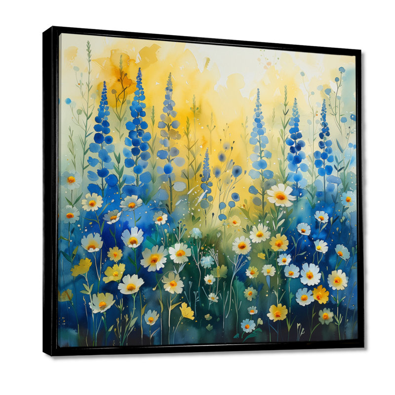 Décoration murale marguerite jaune et bleu jardin de rêves S II, Toile avec cadre flottant noir, H 16 po x l 16 po x P 1 po