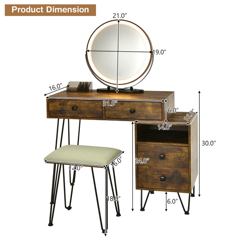 Vanity Table Stool Set with Mirror, Brown/Black