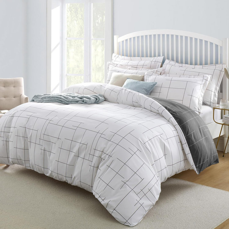 Reversible Microfiber Duvet Cover Set - 2 in 1 Pattern Printed Duvet with Matching Pillow Covers, White Geometric Shapes