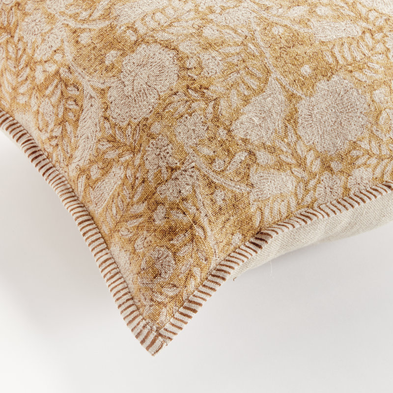 Jules European Flax Fiber Pillow Cover & Insert, Rectangle 14" H x 20" W, Piped Edge, Yellow/Floral