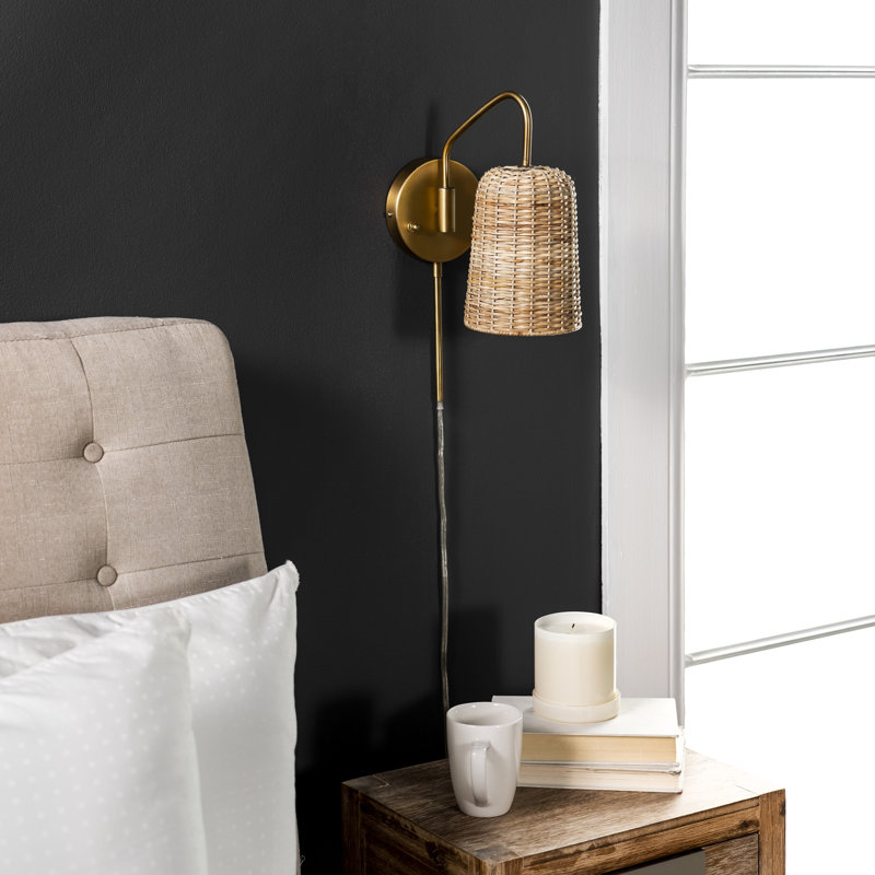 16" Brass And Rattan Wall Light