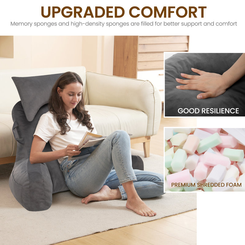 Comfy High Backrest Pillow Arm Pillow With Head Rest & Pockets, Light Gray