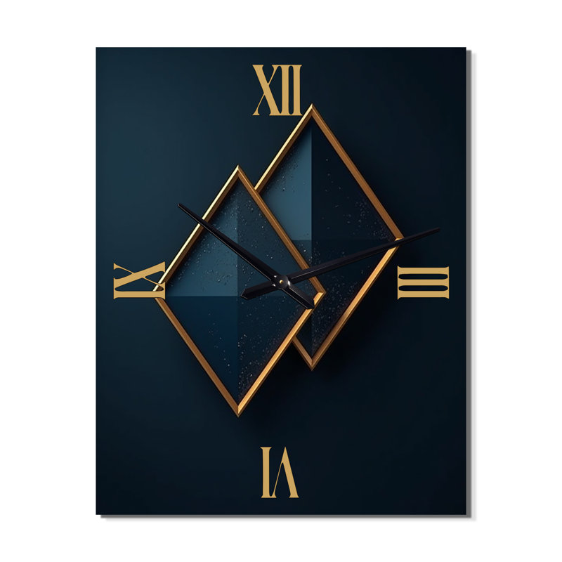 Rhombus en bleu foncé et or abstrait I - horloge murale moderne abstraite, H 32 po x l 16 po x P 1 po