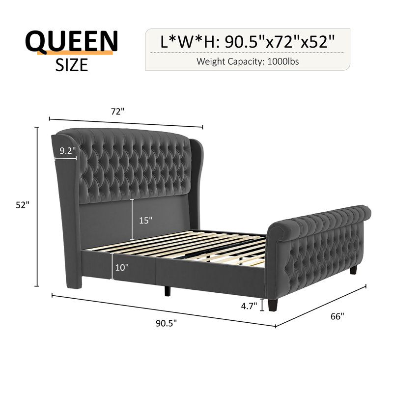 Gray Velvet Queen Platform Bed with Tufted Headboard and Footboard
