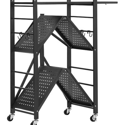 3 tablettes pliables avec roulettes, hauteur de 36 pouces, assemblage facile, 5 roulettes pivotantes et 2 freinées, structure en acier Q235a, support amovible, barre transversale, conception d'espace