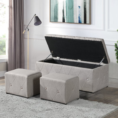 Rangement rectangulaire en lin beige avec 2 repose-pieds rembourrés en éponge douce, confortable et moderne pour le salon de la chambre à coucher