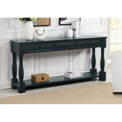 Console de 63 po de long en bois bleu marine avec tablette, style transitionnel pour le salon, le vestibule, le couloir, tiroirs de qualité