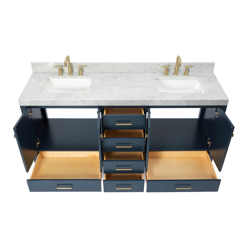 Cambridge Double Bathroom Vanity with Carrara Marble Top, Midnight Blue, Rectangle, 72" W