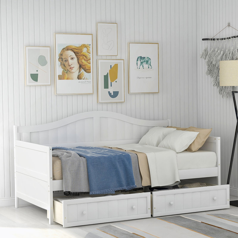 Lit de jour pratique en bois avec deux tiroirs pratiques, idéal pour la chambre à coucher et le salon, pas besoin de sommier tapissier