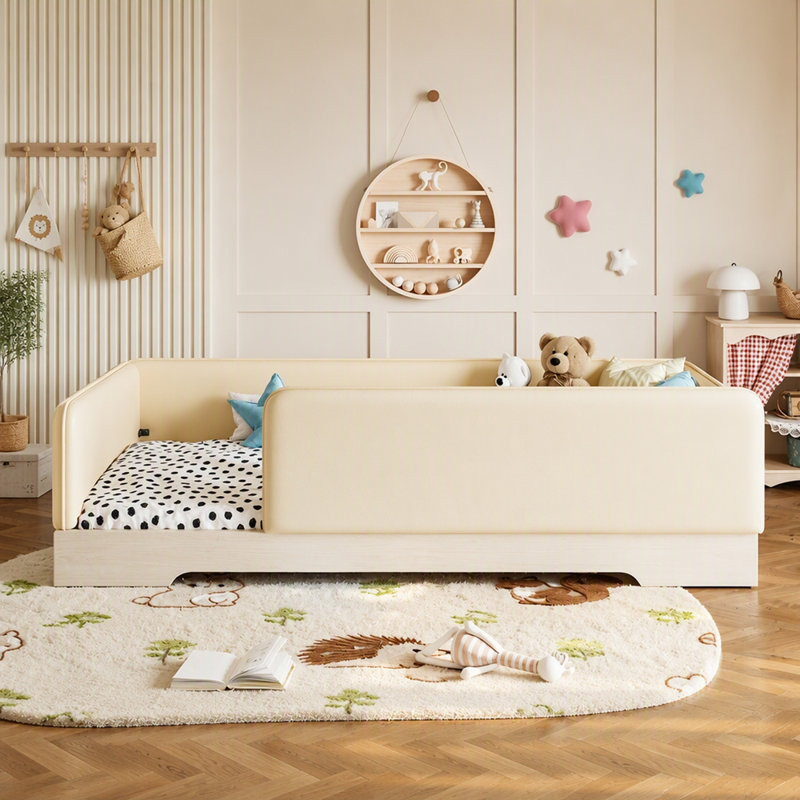 Lit simple tapissier pour enfants, cadre de lit en cuir Montessori avec garde-corps amovibles, lit plateforme à profil bas pour garçons filles, beige