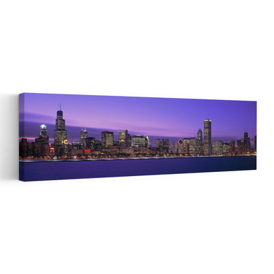 View Of An Urban Skyline At Dusk Chicago Illinois USA 1 Piece Wrapped Canvas Panoramic Wall Art