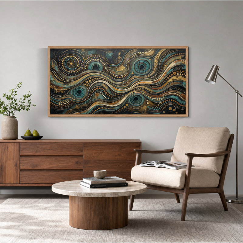 Tableau sur toile à motifs abstraits à pois turquoise et or