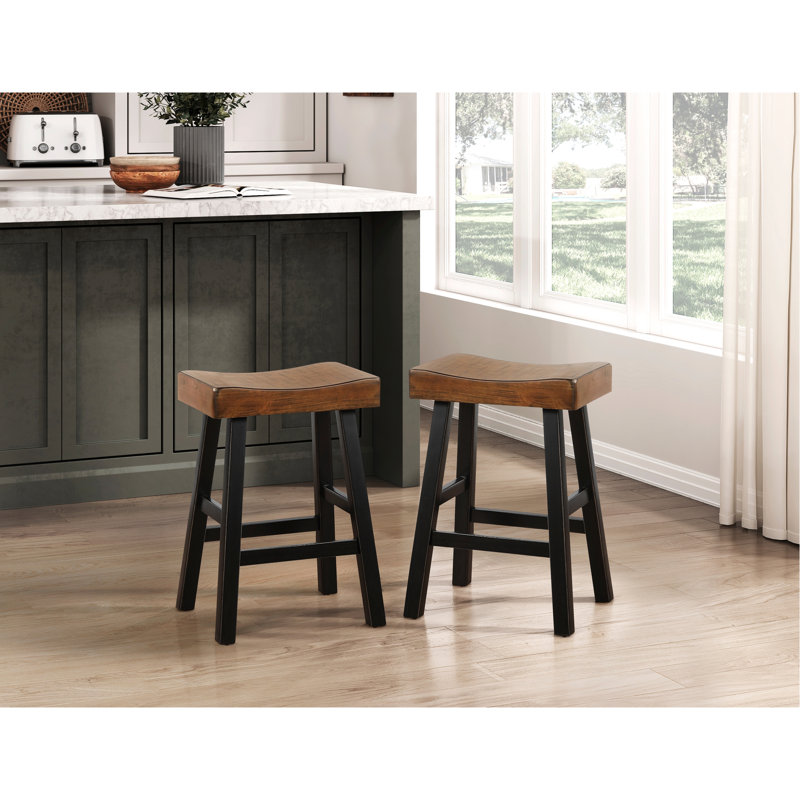 2 tabourets de comptoir en bois d'hévéa massif, 2, noir et brun, 2 pièces transitionnels brun repas, Noir / brun
