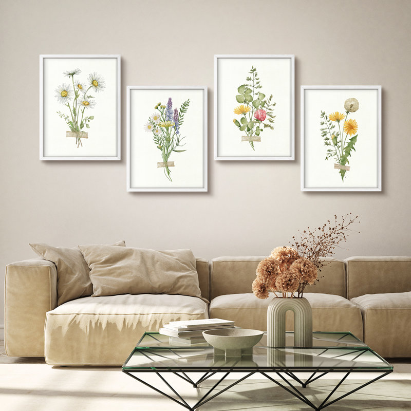 «Faux tape Wildflowers Modern Artwork, impressions encadrées, affiches, petit art mural de salle de bain», 4 pièces, Blanc