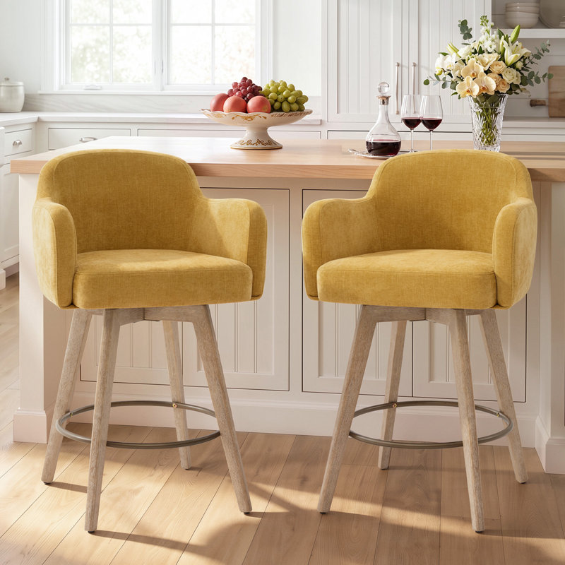 Tabourets de bar pivotants en chenille avec accoudoirs, Jaune