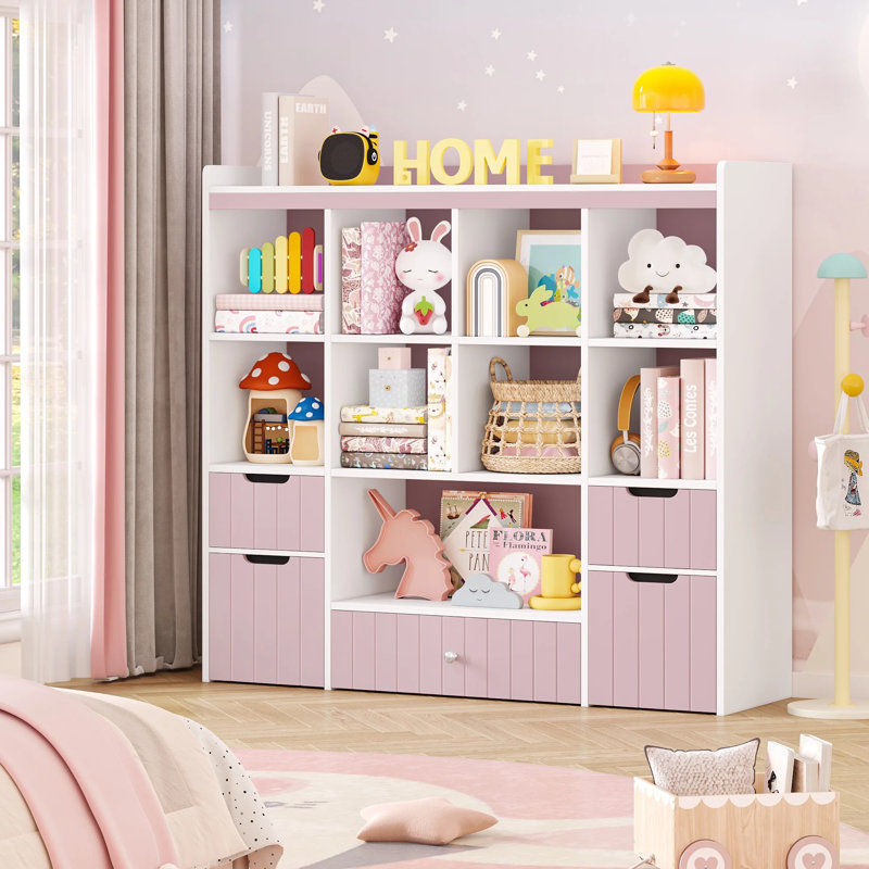 Castle White Bookshelf, 4-Tier Open Shelf Bookcase, 9 Cube Storage Organizer and 5 Drawers with Anti-Tilt Device, Freestanding Horizontal Bookshelf Cube Shelf for Bedroom, Living Room