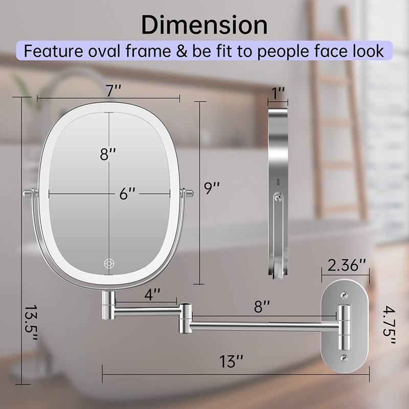 Darianny Modern Metal Oval LED Lighted Magnifying Wall Mounted Vanity Bathroom Makeup Mirror, Chrome, Chrome