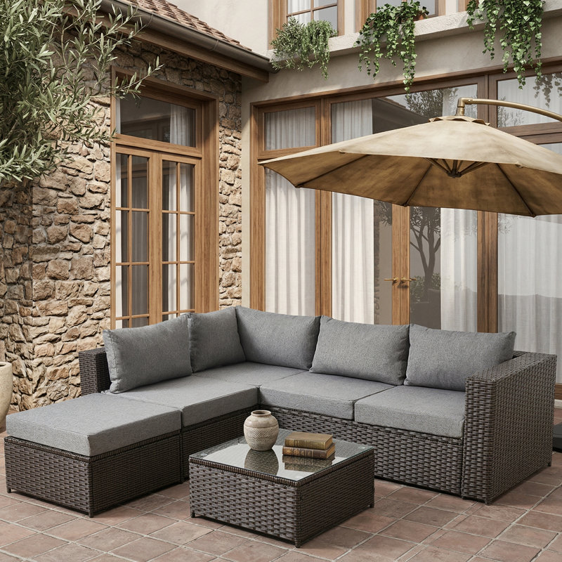 4-Person Outdoor Wicker Sectional Sofa Set With Cushions, Gray Cushion/Brown Frame