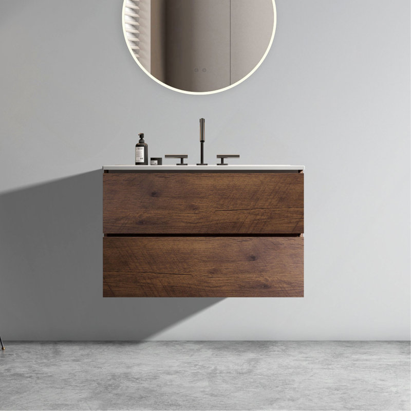 Meuble-lavabo mural avec lavabo en céramique et trois trous de robinet, offrant une élégance intemporelle et une fonctionnalité améliorée.